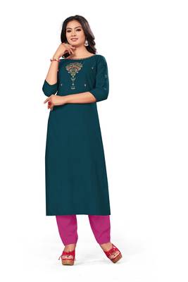 Teal-green embroidered rayon pakistani-kurtis 1