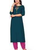 Teal-green embroidered rayon pakistani-kurtis