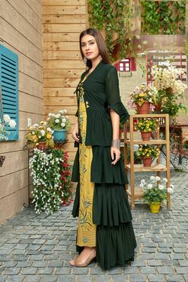 Saahmriga Yellow Color Embroidered Faux Georgette Semi Stitched Gown with Dupatta 3