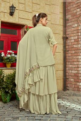 Saahmriga Light Green Color Embroidered Faux Georgette Semi Stitched Gown with Dupatta 2