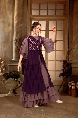 Saahmriga Purple Color Embroidered Faux Georgette Semi Stitched Gown with Jacket 3