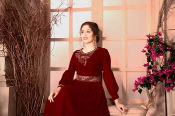 Saahmriga Maroon Color Embroidered Faux Georgette Semi Stitched Gown 2