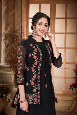 Saahmriga Black Color Solid Faux Georgette Semi Stitched Gown with Jacket 2