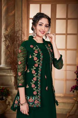 Saahmriga Green Color Solid Faux Georgette Semi Stitched Gown with Jacket 2
