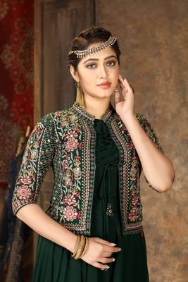 Saahmriga Green Color Solid Faux Georgette Semi Stitched Gown with Jacket 2