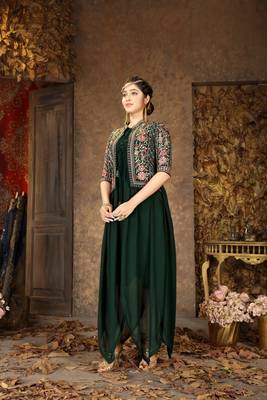 Saahmriga Green Color Solid Faux Georgette Semi Stitched Gown with Jacket 3