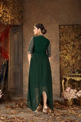 Saahmriga Green Color Solid Faux Georgette Semi Stitched Gown with Jacket 4