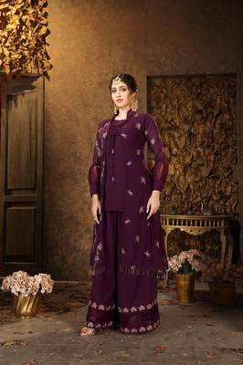 Saahmriga Purple Color Embroidered Faux Georgette Semi Stitched Kurti Palazzo Set 1