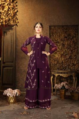 Saahmriga Purple Color Embroidered Faux Georgette Semi Stitched Kurti Palazzo Set 2