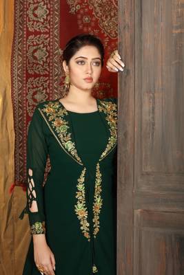 Saahmriga Green Color Embroidered Faux Georgette Semi Stitched Gown with Jacket 3
