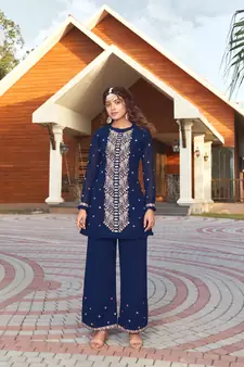 Saahmriga Blue Color Embroidered Faux Georgette Semi Stitched Kurti Palazzo Set