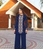 Saahmriga Blue Color Embroidered Faux Georgette Semi Stitched Kurti Palazzo Set