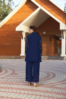 Saahmriga Blue Color Embroidered Faux Georgette Semi Stitched Kurti Palazzo Set 2