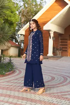 Saahmriga Blue Color Embroidered Faux Georgette Semi Stitched Kurti Palazzo Set
