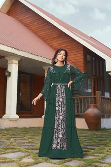 Saahmriga Green Color Embroidered Faux Georgette Semi Stitched Gown with Jacket