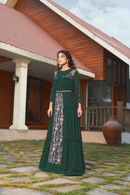 Saahmriga Green Color Embroidered Faux Georgette Semi Stitched Gown with Jacket 3