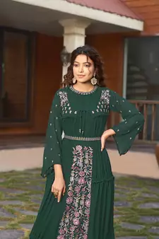 Saahmriga Green Color Embroidered Faux Georgette Semi Stitched Gown with Jacket