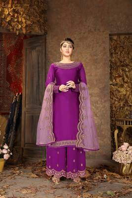 Top With Stitched Faux Georgette Bottom and Net Dupatta Embroidered Straight Kurta Dress Material Kurta Palazzo Set 1