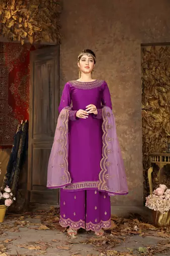 Top With Stitched Faux Georgette Bottom and Net Dupatta Embroidered Straight Kurta Dress Material Kurta Palazzo Set