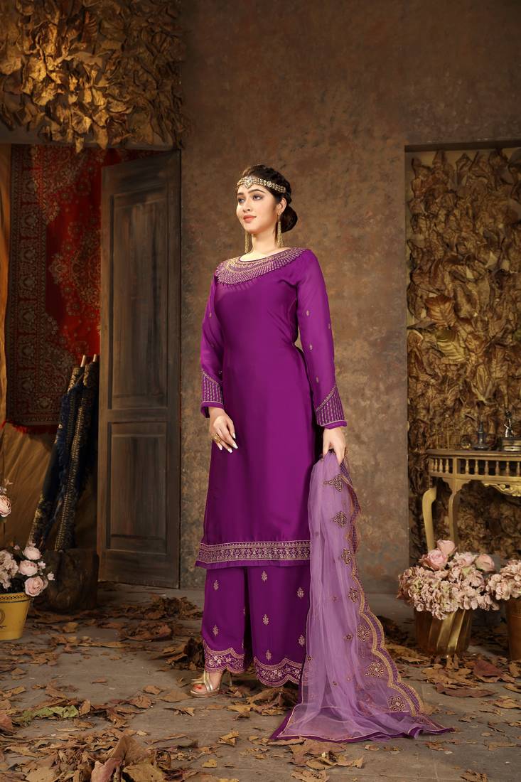 Top With Stitched Faux Georgette Bottom and Net Dupatta Embroidered Straight Kurta Dress Material Kurta Palazzo Set