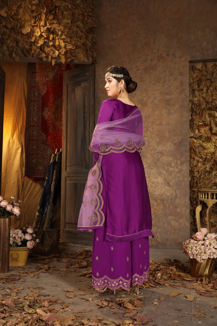 Top With Stitched Faux Georgette Bottom and Net Dupatta Embroidered Straight Kurta Dress Material Kurta Palazzo Set