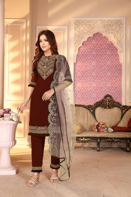 Semi Stitched Top With Stitched Faux Georgette Bottom and Net Dupatta Embroidered Straight Kurta Dress Material 1