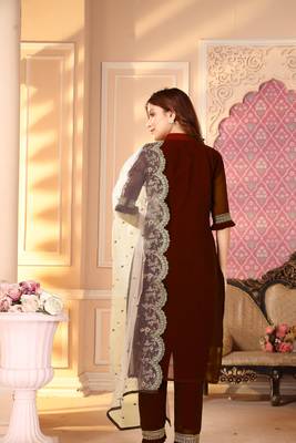Semi Stitched Top With Stitched Faux Georgette Bottom and Net Dupatta Embroidered Straight Kurta Dress Material 2