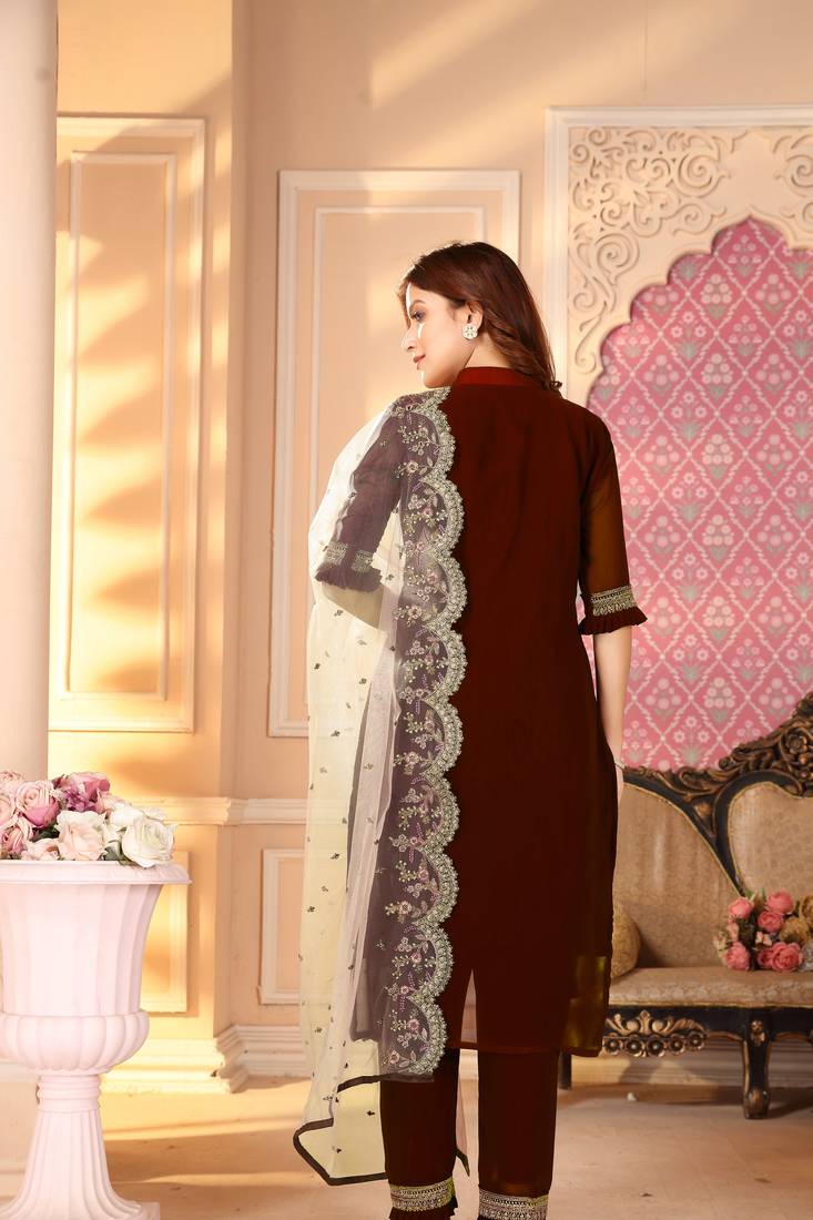 Semi Stitched Top With Stitched Faux Georgette Bottom and Net Dupatta Embroidered Straight Kurta Dress Material