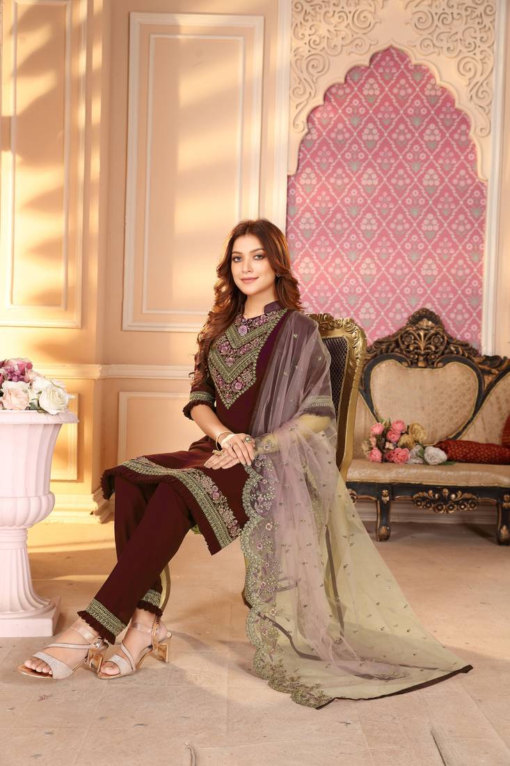 Semi Stitched Top With Stitched Faux Georgette Bottom and Net Dupatta Embroidered Straight Kurta Dress Material