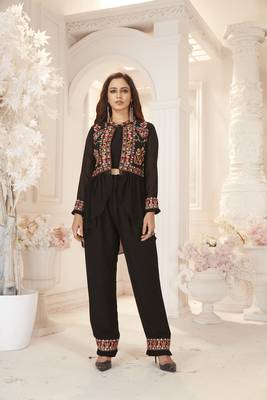 Black  Semi Stitched Top With Stitched  Bottom and Jacket Embroidered Flared Top Dress Material Top 1