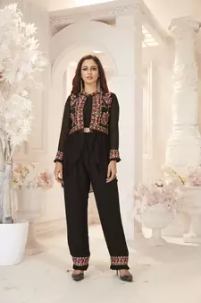 Black  Semi Stitched Top With Stitched  Bottom and Jacket Embroidered Flared Top Dress Material Top