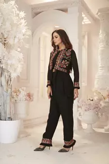 Black  Semi Stitched Top With Stitched  Bottom and Jacket Embroidered Flared Top Dress Material Top