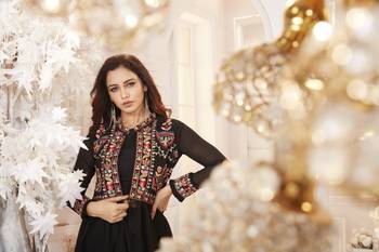 Black  Semi Stitched Top With Stitched  Bottom and Jacket Embroidered Flared Top Dress Material Top 4