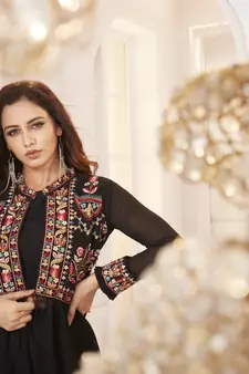 Black  Semi Stitched Top With Stitched  Bottom and Jacket Embroidered Flared Top Dress Material Top