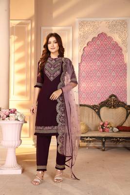 Purple  Semi Stitched Top With Stitched  Bottom and Net Dupatta Embroidered Straight Kurta Dress 1