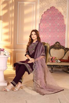 Purple  Semi Stitched Top With Stitched  Bottom and Net Dupatta Embroidered Straight Kurta Dress 3