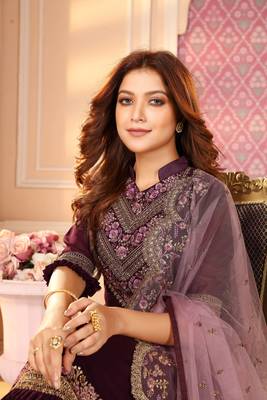 Purple  Semi Stitched Top With Stitched  Bottom and Net Dupatta Embroidered Straight Kurta Dress 4