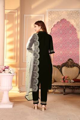 Black  Semi Stitched Top With Stitched  Bottom and Net Dupatta Embroidered Straight Kurta Dress 2