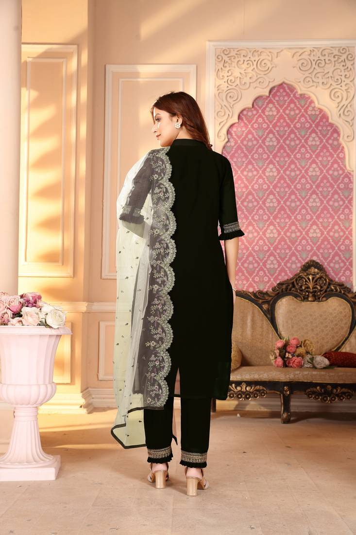 Black  Semi Stitched Top With Stitched  Bottom and Net Dupatta Embroidered Straight Kurta Dress