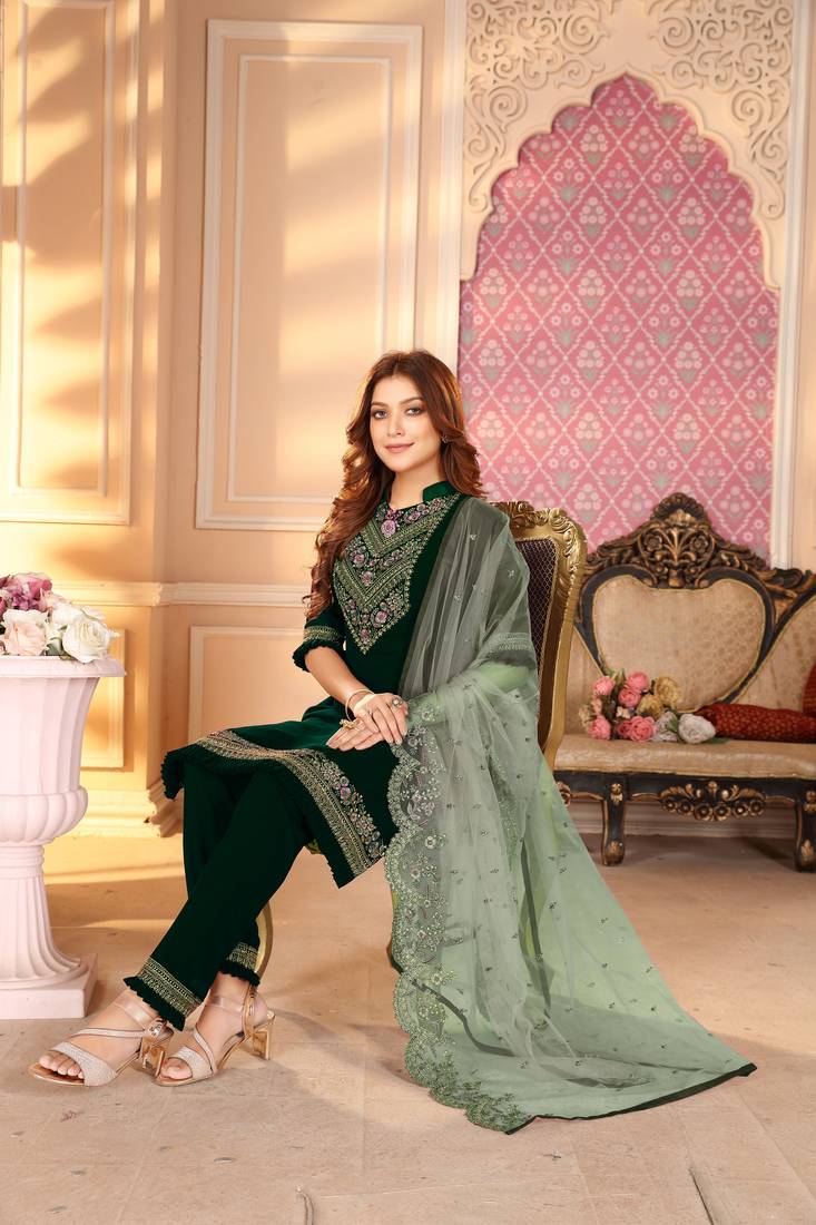 Green  Semi Stitched Top With Stitched  Bottom and Net Dupatta Embroidered Straight Kurta