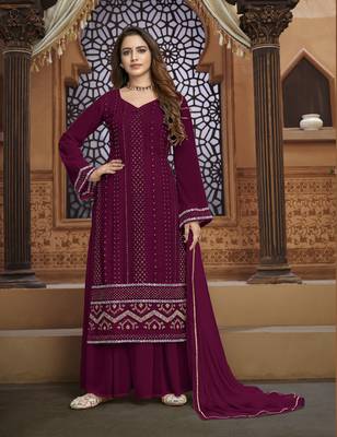Wine embroidered faux georgette salwar 1