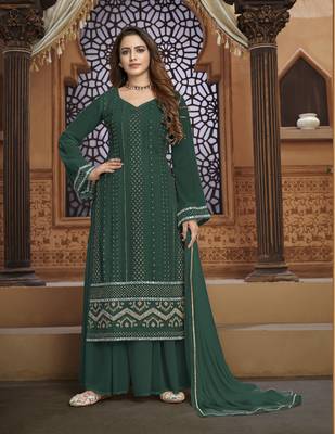 Dark-green embroidered faux georgette salwar 1
