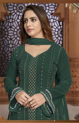 Dark-green embroidered faux georgette salwar 2