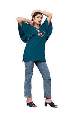 Teal embroidered rayon party-tops 3