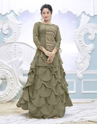 Green Color Embroidered Faux Georgette Semi Stitched Lehenga Suit 1