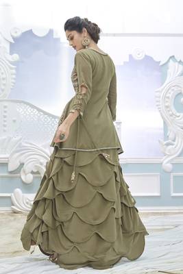 Green Color Embroidered Faux Georgette Semi Stitched Lehenga Suit 2
