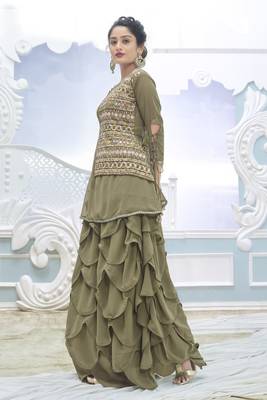 Green Color Embroidered Faux Georgette Semi Stitched Lehenga Suit 3