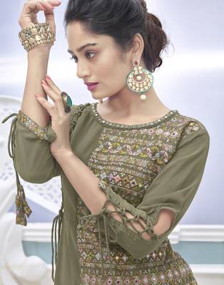 Green Color Embroidered Faux Georgette Semi Stitched Lehenga Suit 4