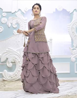 Purple Color Embroidered Faux Georgette Semi Stitched Lehenga Suit 1