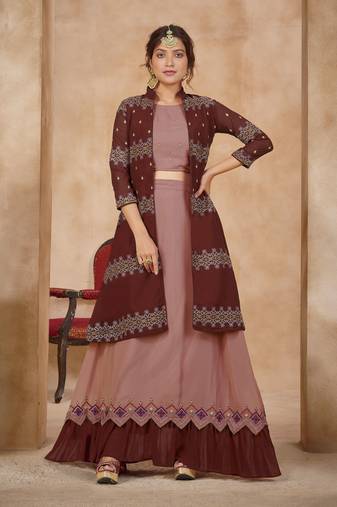 Maroon Color Solid Faux Georgette Semi Stitched Lehenga With Jacket